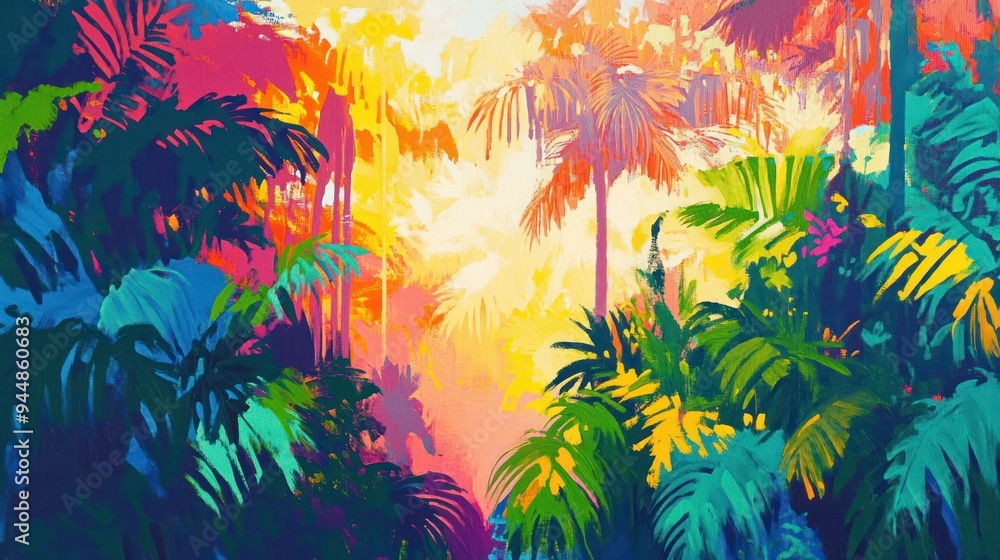 Abstract Painting of Vibrant Palm Trees in a Tropical Forest Abstract Painting of Vibrant Palm Trees in a Tropical Forest