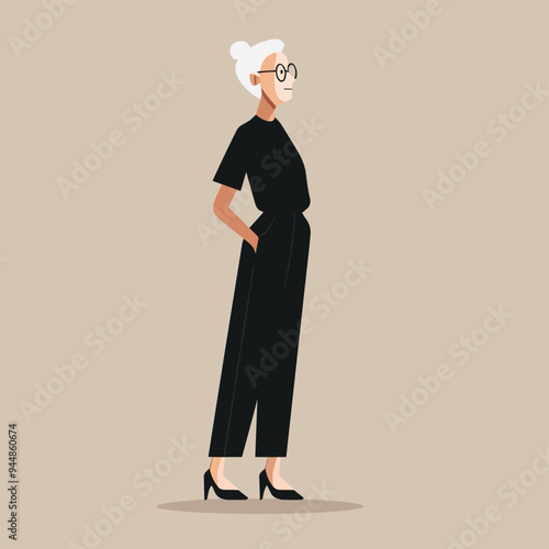 Elegant elderly woman with white hair in an all-black outfit, side profile, minimalist background.