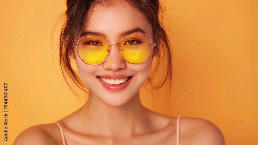 Asian woman with stylish yellow sunglasses exuding charm. Asian woman with stylish yellow sunglasses exuding charm.