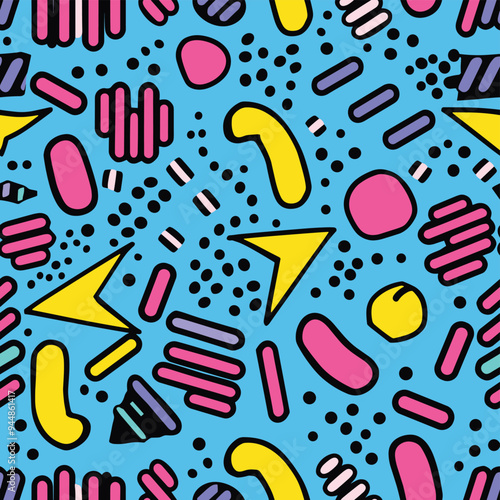 Colorful abstract pattern with geometric shapes on a bright blue background.