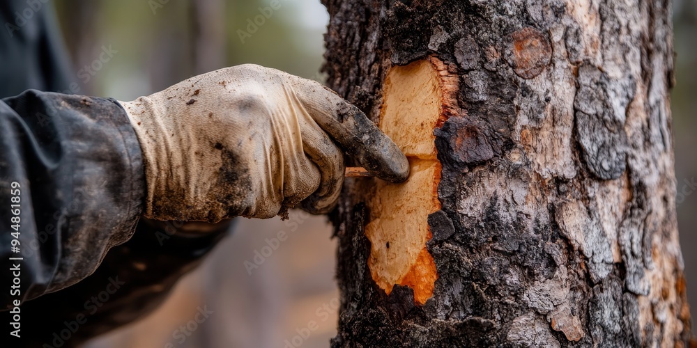 a scientist?s hand extracting a core sample from a tree, highlighting the study of natural resources and environmental impact a scientist?s hand extracting a core sample from a tree, highlighting the study of natural resources and environmental impact