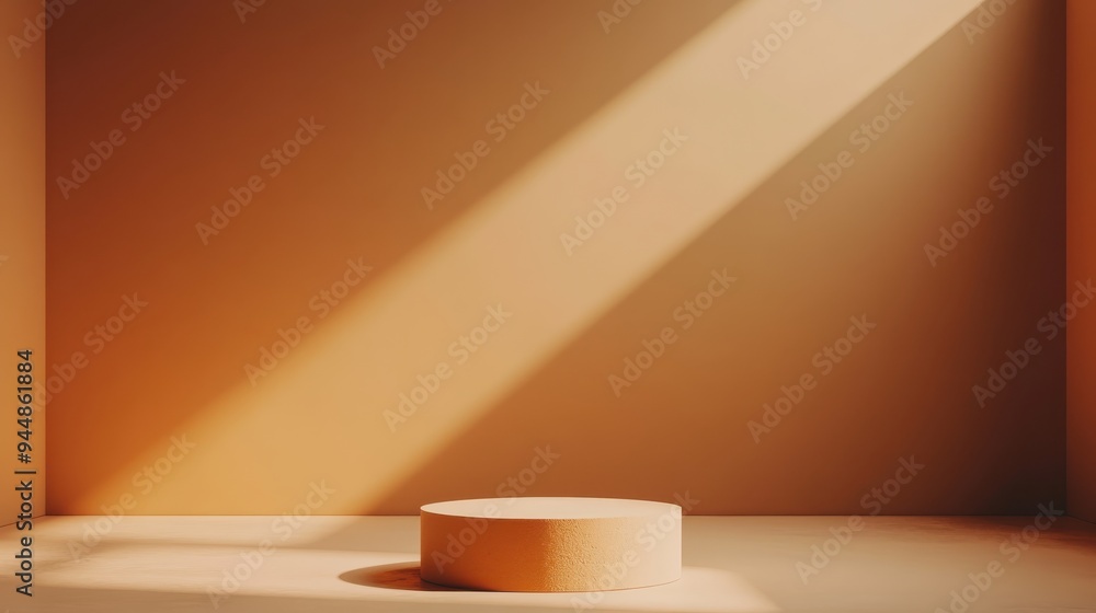A minimalistic display featuring a round pedestal under warm light, creating a serene and inviting atmosphere for presentations. A minimalistic display featuring a round pedestal under warm light, creating a serene and inviting atmosphere for presentations.