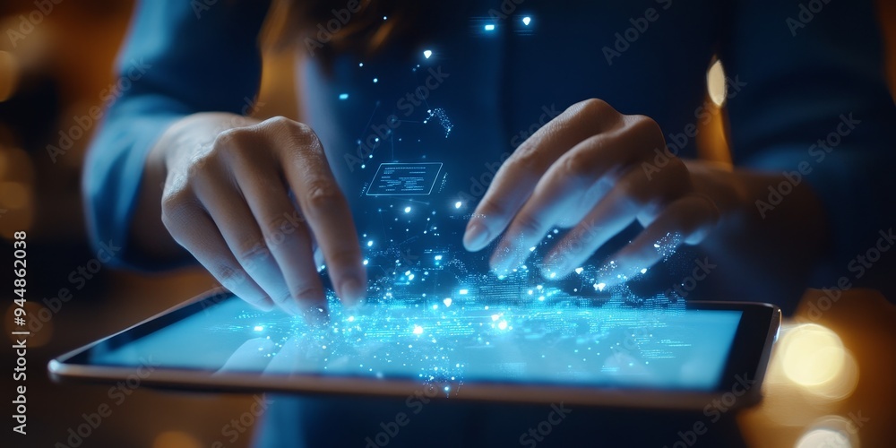 a business professional analyzing real-time analytics on a tablet, with digital graphs reflecting transformation a business professional analyzing real-time analytics on a tablet, with digital graphs reflecting transformation