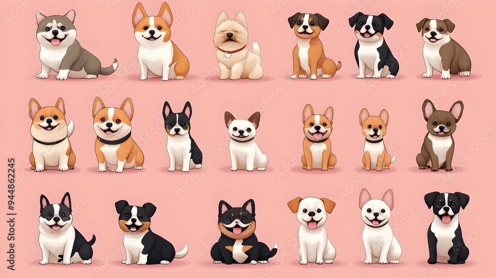 Obraz premium Adorable Cartoon Dog Breeds Illustrated in Soft Pink Studio Background