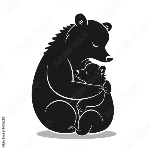 Silhouette of a mother bear lovingly embracing her cub, showcasing tender animal bonding. photo