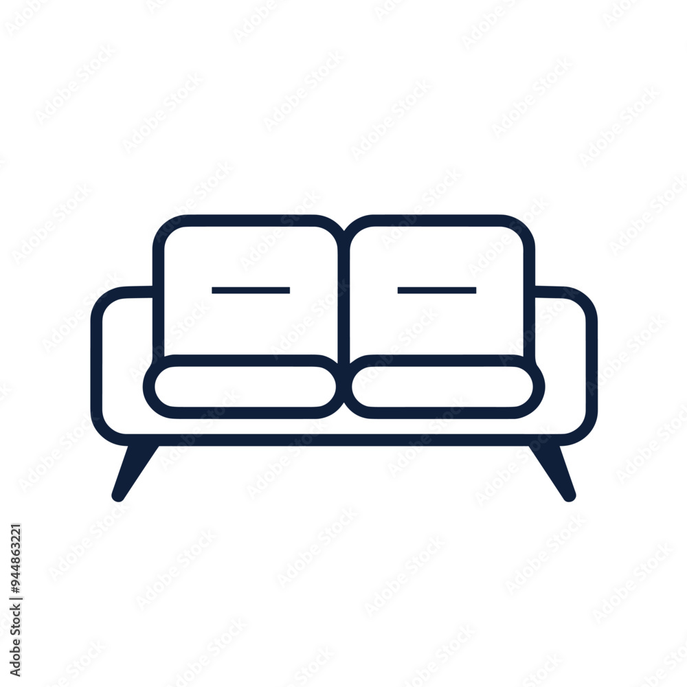 Minimalist black and white icon of a modern two-seater sofa with simple lines and cushioned seats. Minimalist black and white icon of a modern two-seater sofa with simple lines and cushioned seats.