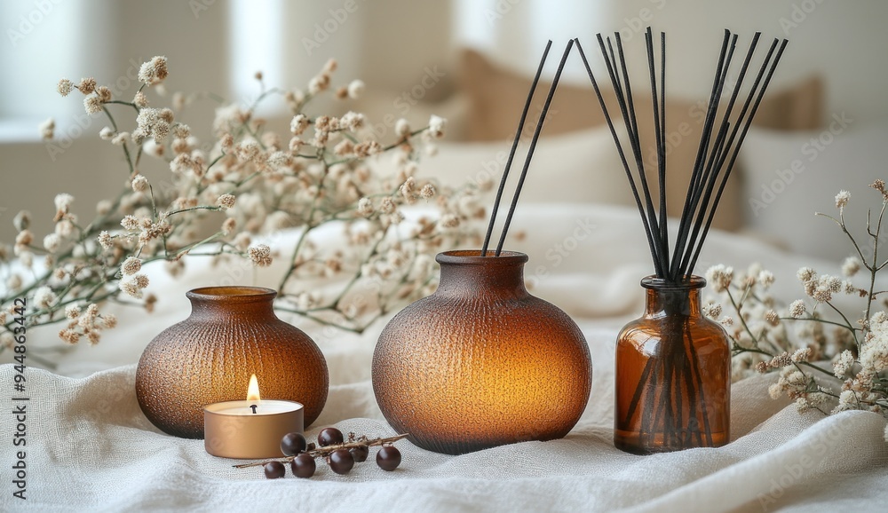 A still life photo of a lit candle and a diffuser with sticks on a white bed linen. A still life photo of a lit candle and a diffuser with sticks on a white bed linen.
