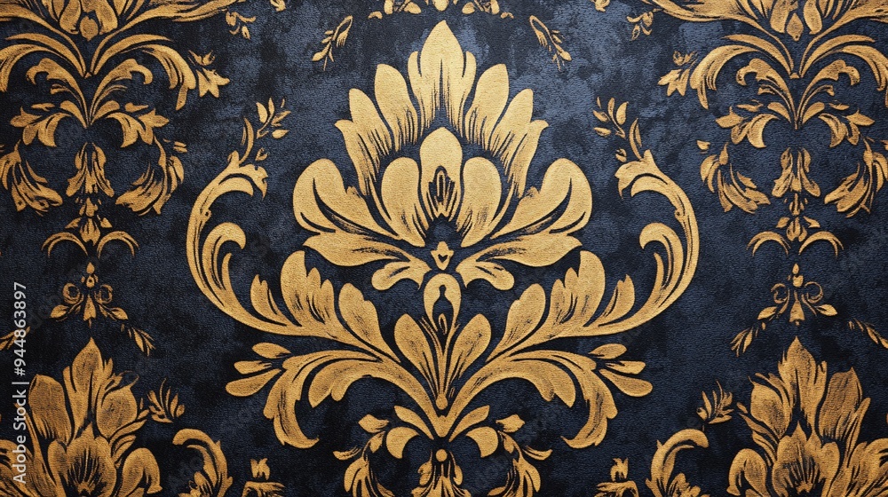 Elegant golden floral wallpaper pattern on a dark blue background. Elegant golden floral wallpaper pattern on a dark blue background.