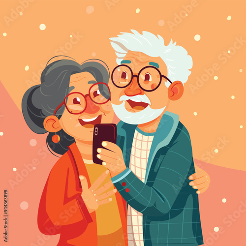 Happy elderly couple taking a selfie together with a smartphone against a warm, pastel-colored background.