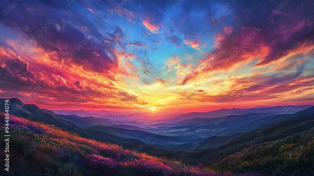 Fototapeta premium A Vibrant Sunset Over Rolling Mountains With Wildflowers