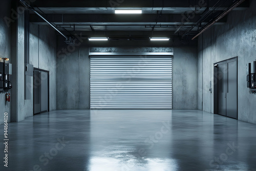 A sleek, modern interior with a closed metal roller garage door, concrete walls, and a polished concrete floor.