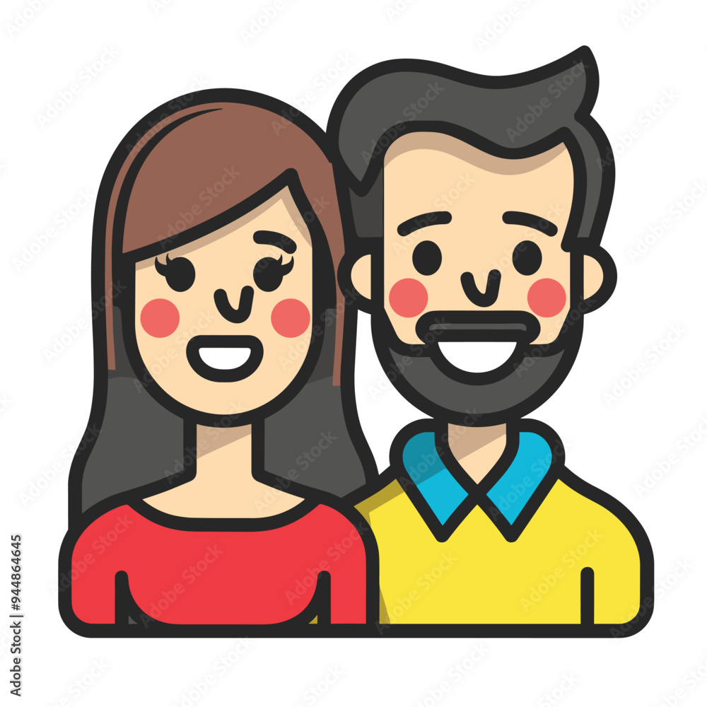 Smiling illustrated couple, a woman with long brown hair and a bearded man, both cheerful and cartoon-styled. Smiling illustrated couple, a woman with long brown hair and a bearded man, both cheerful and cartoon-styled.
