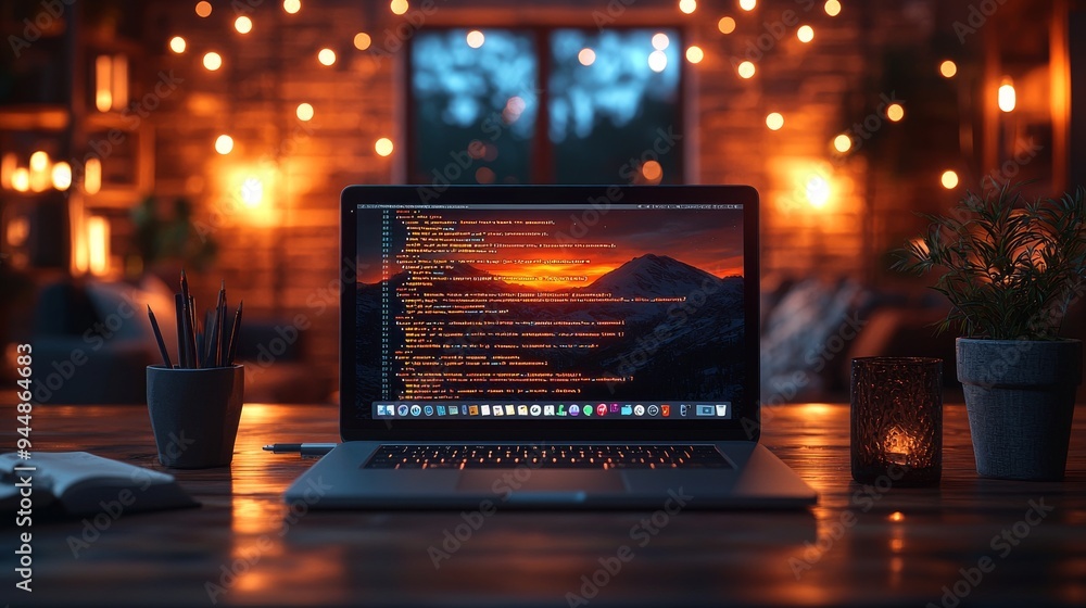 Laptop With Code Sunset Mountain View and String Lights Laptop With Code Sunset Mountain View and String Lights