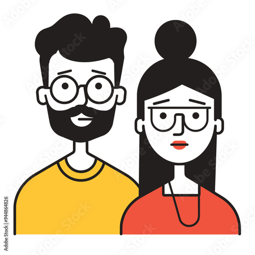 Illustration of a bearded man and a woman with glasses, both stylishly dressed against a white background.