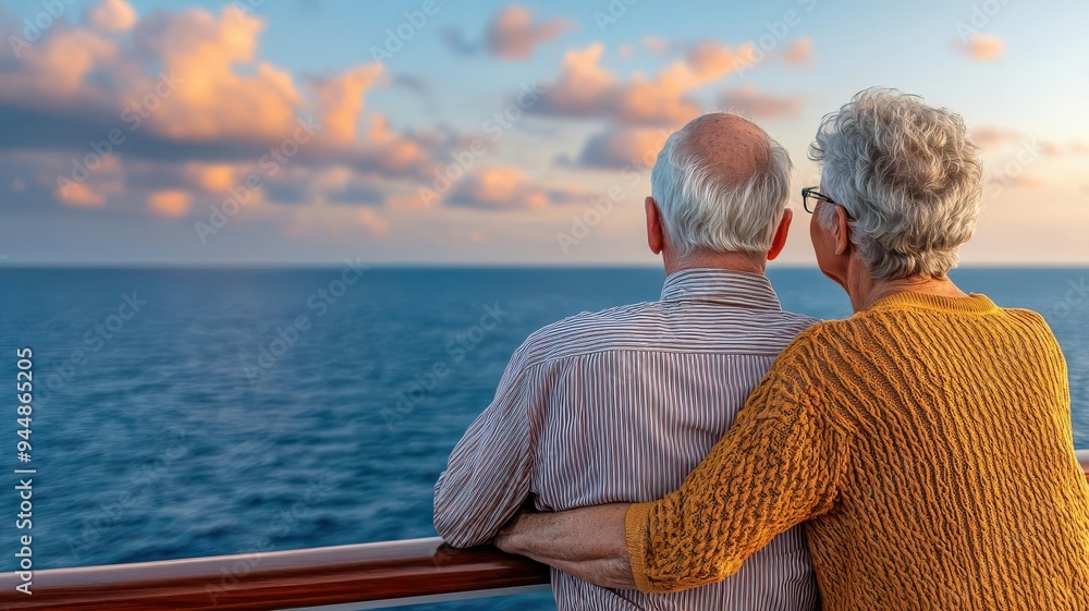 Fototapeta premium A retired couple enjoying a cruise, watching the sunset from the deck, embracing the adventure and luxury of retirement, cruise travel, retired couple, sunset view