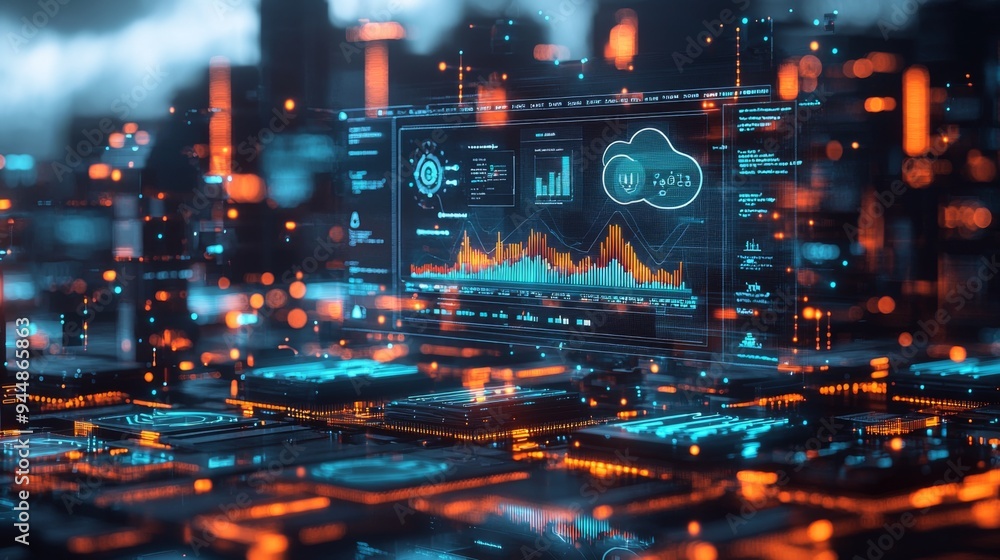 Obraz premium Cloud storage analytics interface, real-time data graphs displayed on a futuristic holographic screen, surrounded by digital storage units