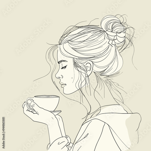 Line art of a young woman enjoying tea, shows elegance and tranquility.