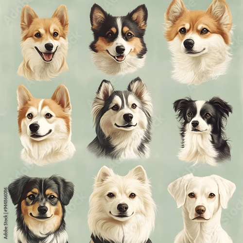 Diverse Collection of Dog Portraits Against Delicate Sage Background