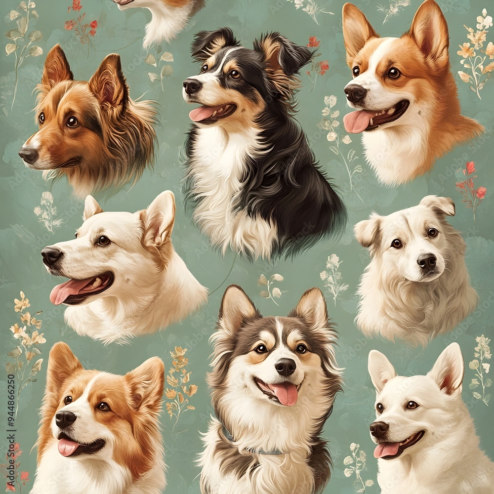 Diverse Collection of Adorable and Friendly Dog Breeds in a Delicate Floral and Leafy Background Diverse Collection of Adorable and Friendly Dog Breeds in a Delicate Floral and Leafy Background