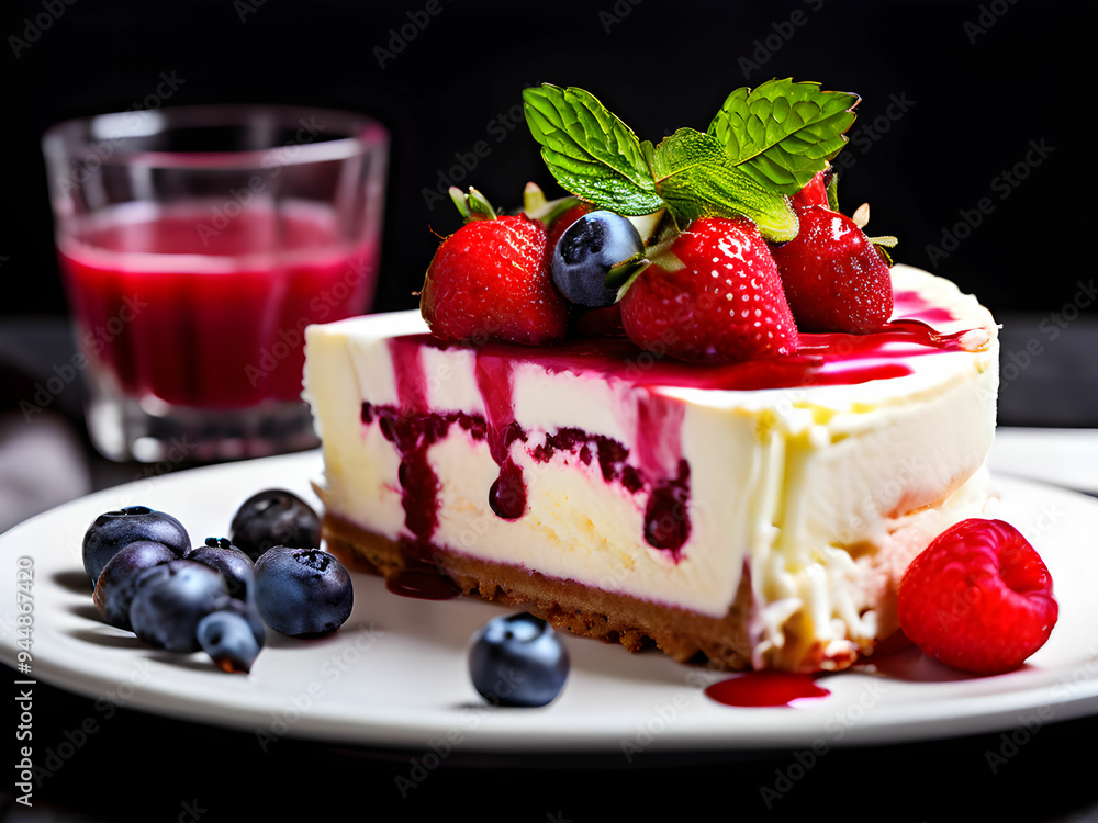 Strawberries, berry cheesecake, and red juice on a white plate generative ai