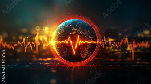 Earth with a red heartbeat pulse, The signal of global economic, business, financial crisis and recession. Greenhouse gases, Global warming and climate change. Carbon dioxide