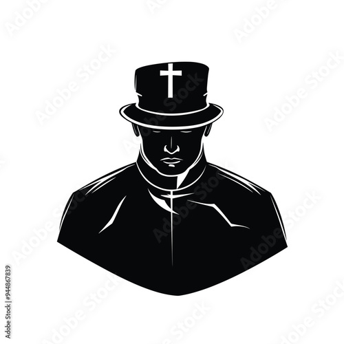 Silhouette of a male priest with a cross on his hat, wearing traditional clerical clothing.
