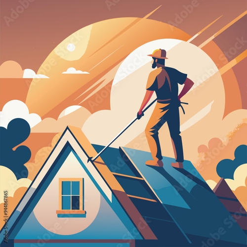 A man cleaning home top, home service background of a country house, early in the morning, clearing the territory. The guy is a gardener in overalls 