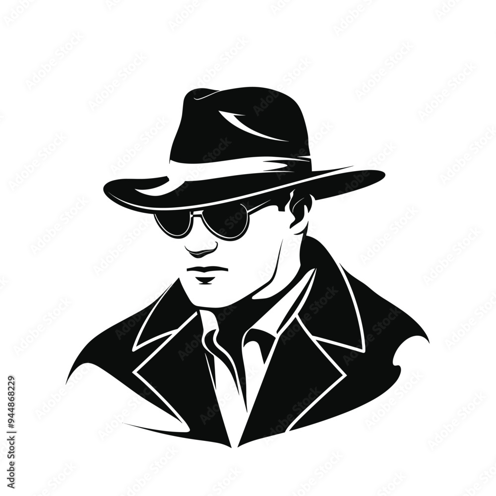 Stylized black and white illustration of a man in a fedora and sunglasses. Stylized black and white illustration of a man in a fedora and sunglasses.