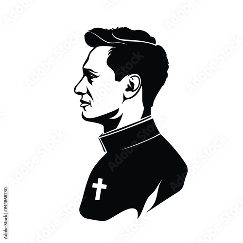 Black and white silhouette of a male priest in profile view with a cross on his collar.