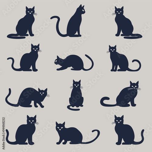 Silhouettes of black cats in various poses, depicting both sitting and standing.