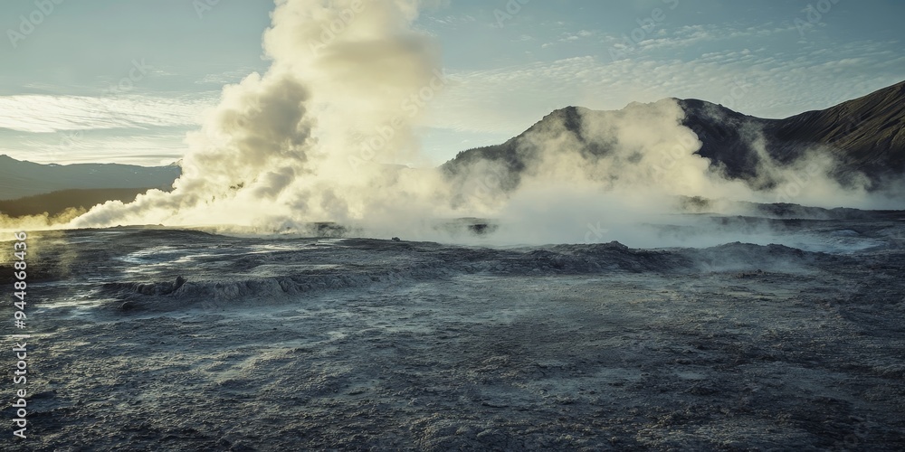Obraz premium a geothermal energy plant, with steam rising from the ground, representing the earth?s natural energy