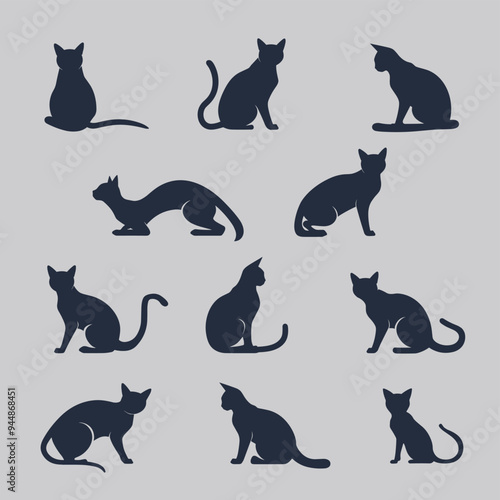 Silhouettes of various cats in different poses against a light grey background.