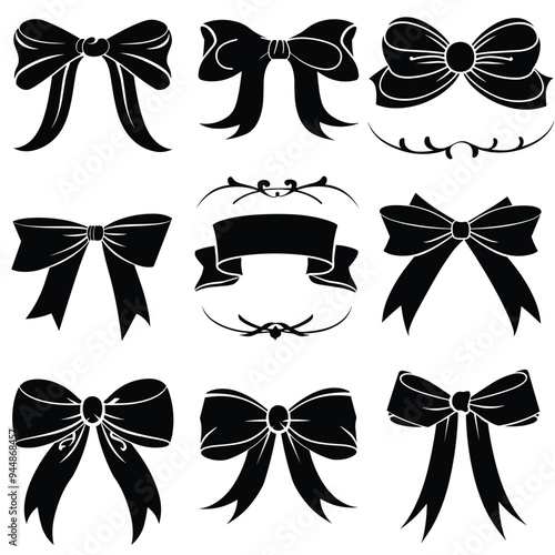A collection of various black decorative bows and ribbon designs on a white background.