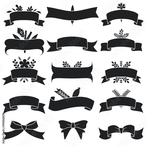 A collection of various vintage-style ribbon banners and decorative bows in black and white.