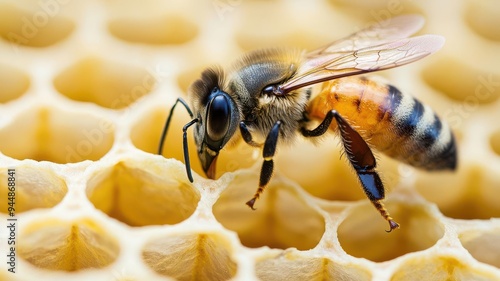 Bee landing on a honeycomb