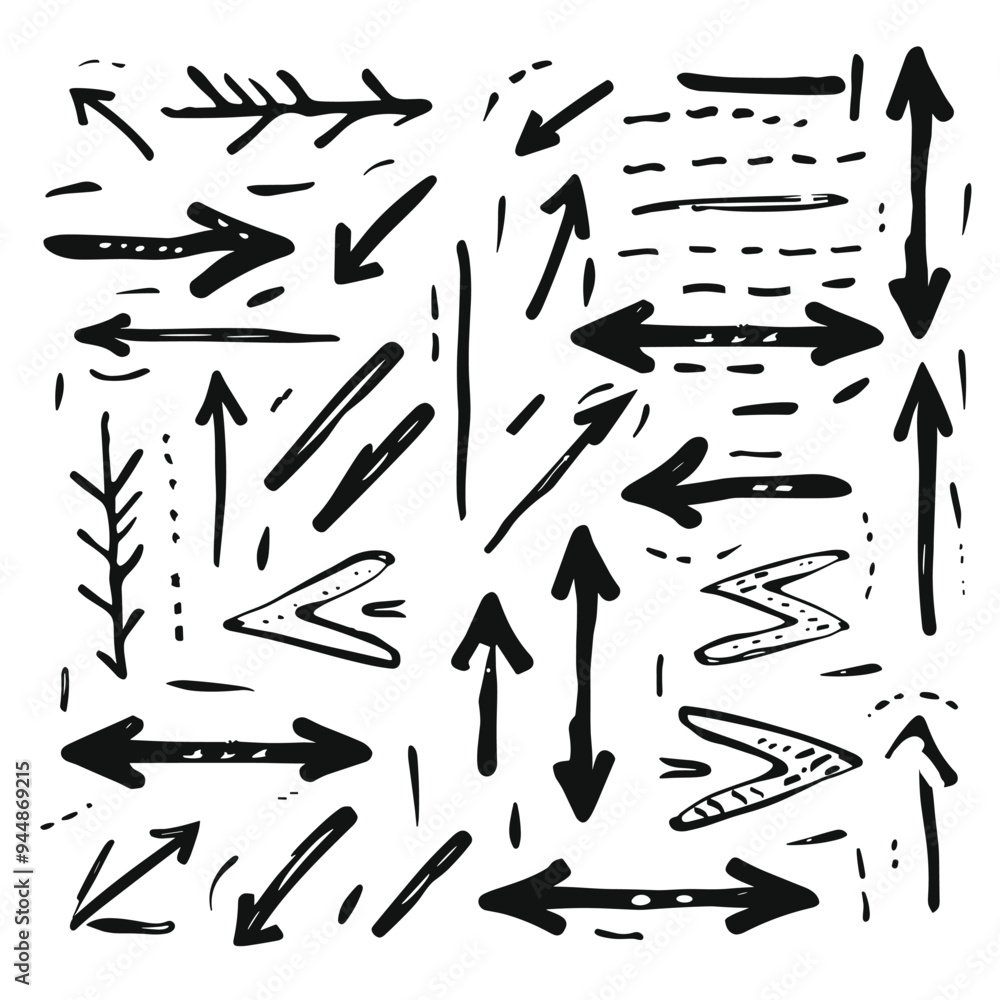 Hand-drawn black arrows of various styles pointing in different directions on a white background. Hand-drawn black arrows of various styles pointing in different directions on a white background.