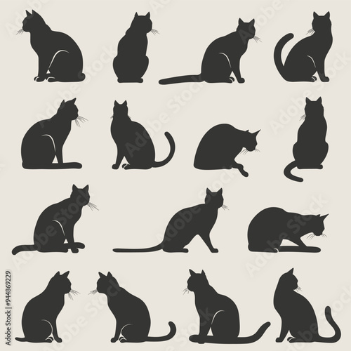 Silhouettes of cats in various postures against a light background, showcasing their graceful and fluid forms.