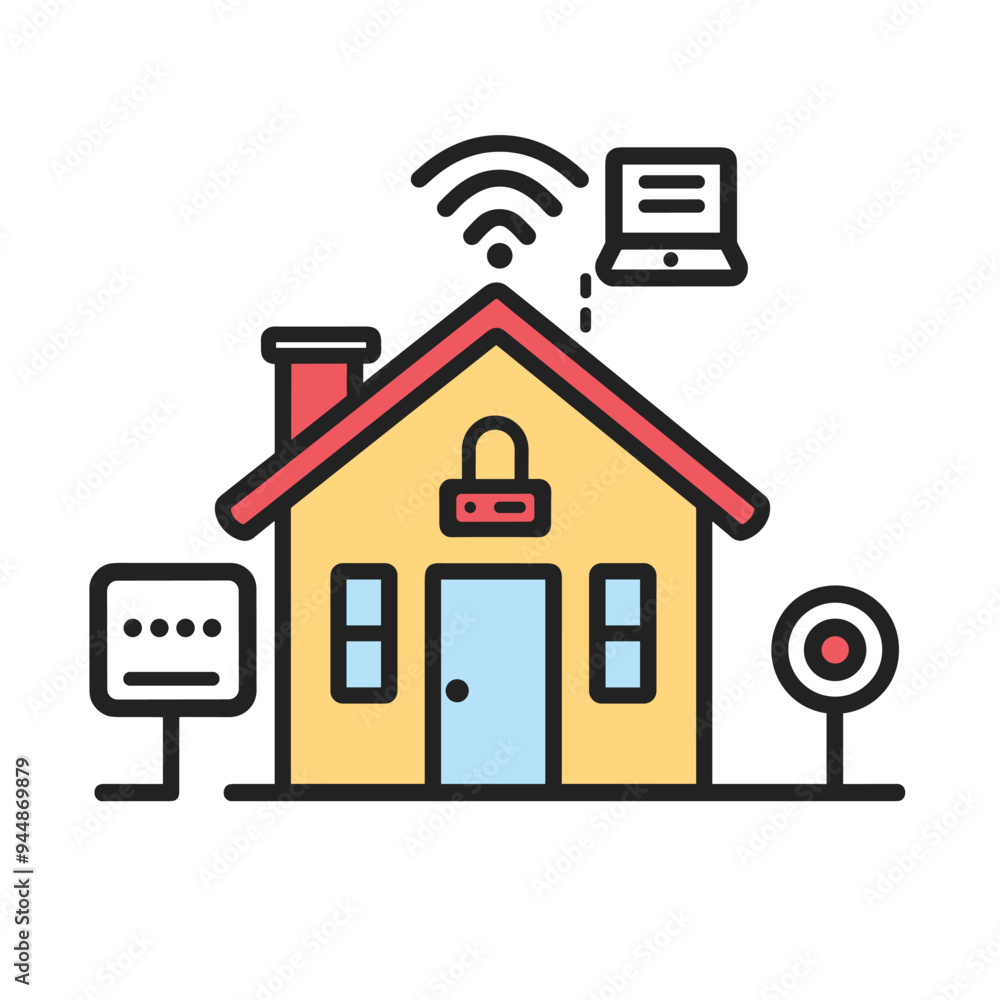 Colorful illustration of a smart home with wireless connectivity icons in a minimalist style. Colorful illustration of a smart home with wireless connectivity icons in a minimalist style.