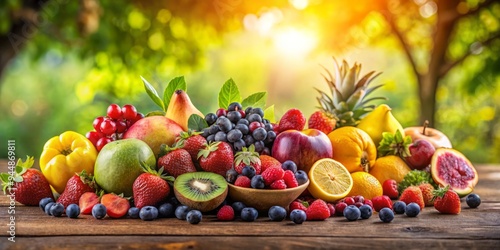 Fototapeta Naklejka Na Ścianę i Meble -  Vibrant colorful arrangement of exotic fruits mixed with berries on a rustic wooden table against a blurred warm sunny afternoon garden background with soft shadows