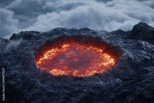 Fiery volcanic crater in stormy landscape