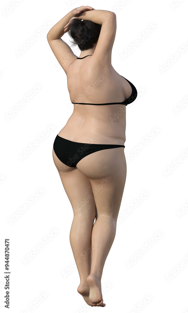 太った女性の右向きのイラスト リアルな日本人3Dモデルの全身横向き