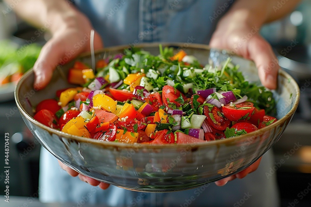 A person is holding a bowl of salad with tomatoes, onions, and cucumbers A person is holding a bowl of salad with tomatoes, onions, and cucumbers