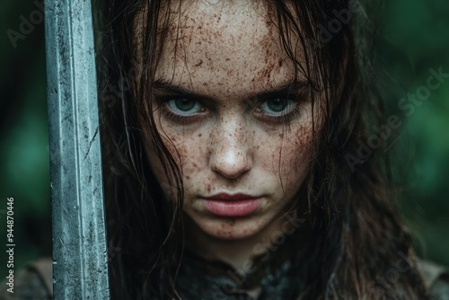 Intense gaze of a young woman with freckles