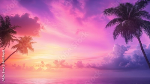 Palm trees silhouetted against a vibrant pink and purple sunset over the ocean
