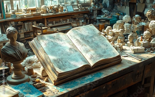 An aging sketchbook lies open on a cluttered workbench photo