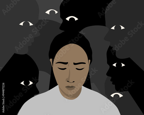 A woman get stress and sad emotion with stigma and silhouettes of scowling faces behind in mental health concept.