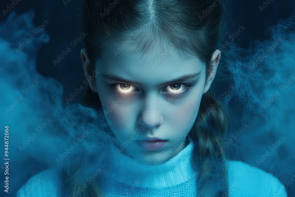 Intense gaze of a young woman in blue lighting Intense gaze of a young woman in blue lighting