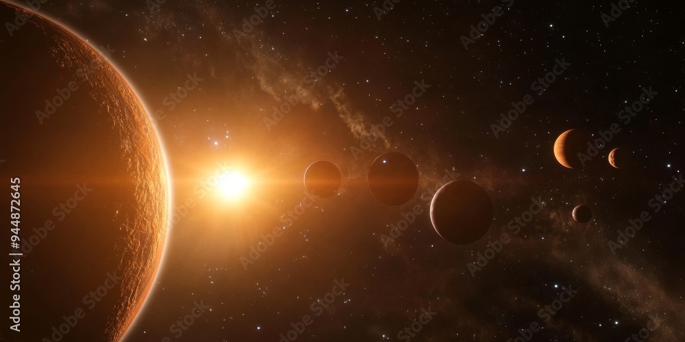 Obraz premium a multi-planet system orbiting a distant star, with planets of varying sizes and colors, showcasing the diversity of planetary systems