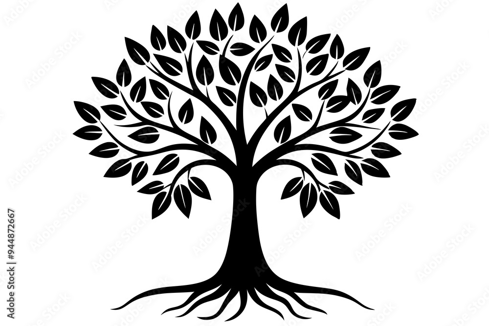 Obraz premium Tree with leaves and roots silhouette vector illustration