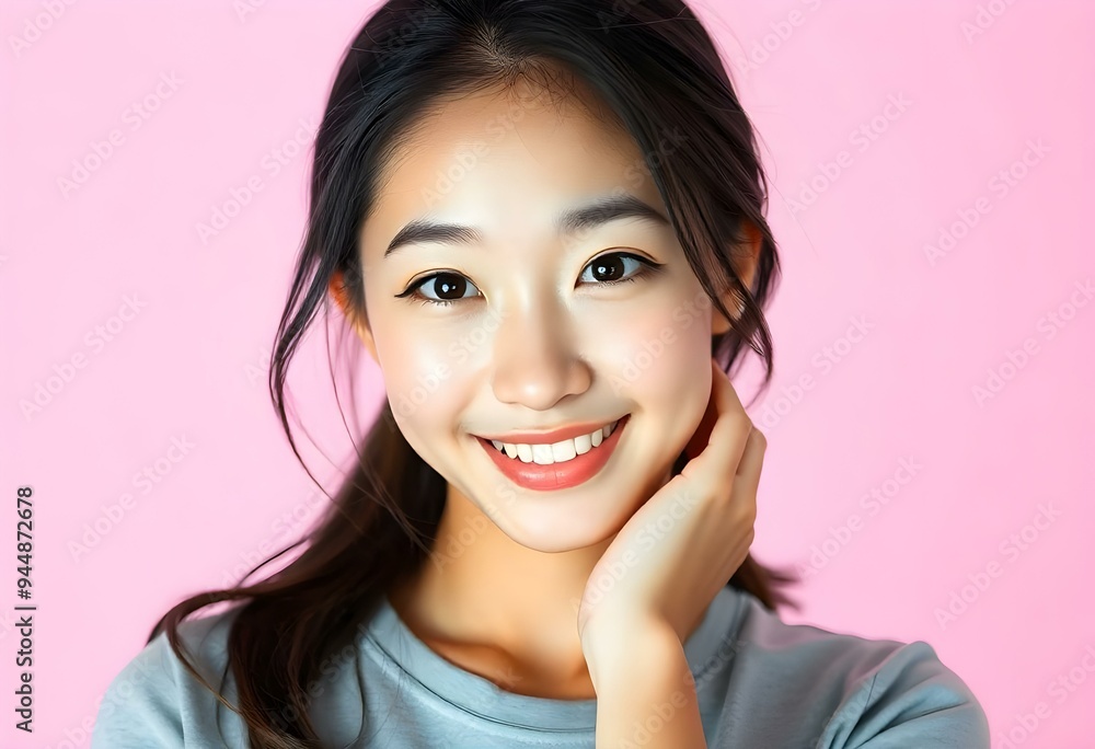 Elegant Young Woman Smiling Against a Soft Pink Background Elegant Young Woman Smiling Against a Soft Pink Background